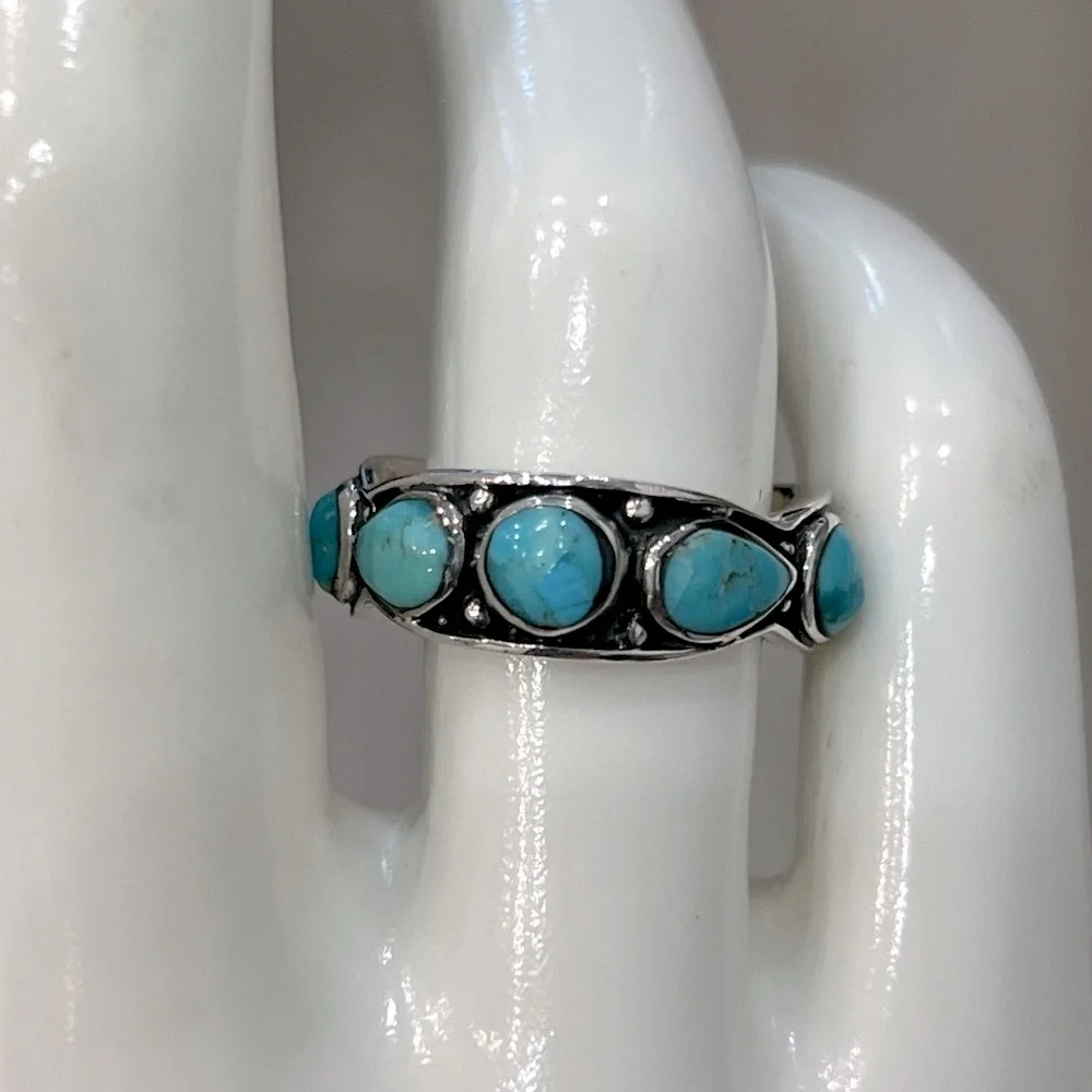 Santa Fe Style Sterling Silver Kingman Turquoise 5 Stone Ring Sz 7